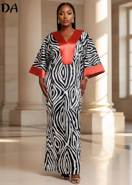 Satin Kleid - Satin Maxikleid Langarm Rot - VONDA Zebra Print - Ansicht 1