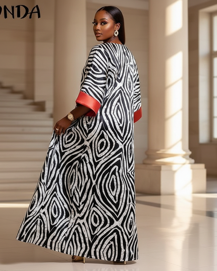 Satin Kleid - Satin Maxikleid Langarm Rot - VONDA Zebra Print - Ansicht 2