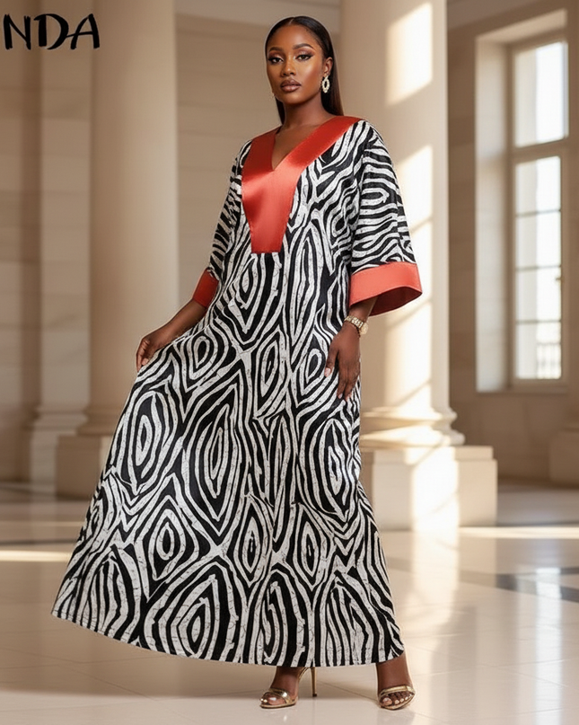 Satin Kleid - Satin Maxikleid Langarm Rot - VONDA Zebra Print - Ansicht 3