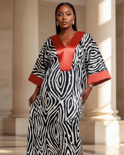 Satin Kleid - Satin Maxikleid Langarm Rot - VONDA Zebra Print - Ansicht 4