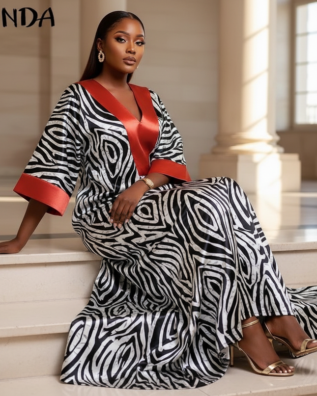 Satin Kleid - Satin Maxikleid Langarm Rot - VONDA Zebra Print - Ansicht 5