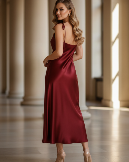 Satin Kleid - Satin Maxikleid Locker Schwarz - Weiter Schnitt - Ansicht 2