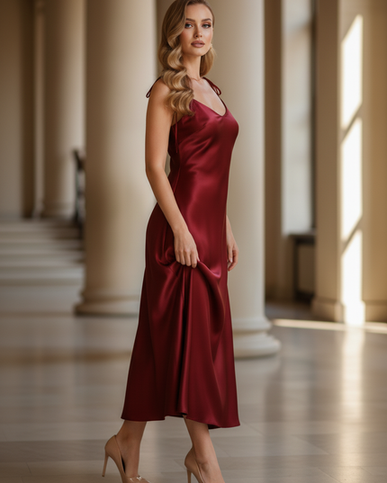 Satin Kleid - Satin Maxikleid Locker Schwarz - Weiter Schnitt - Ansicht 3
