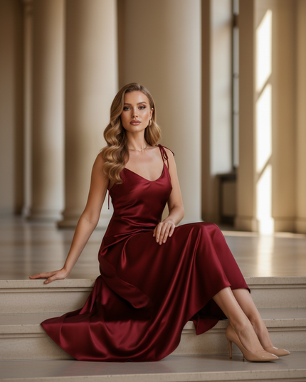 Satin Kleid - Satin Maxikleid Locker Schwarz - Weiter Schnitt - Ansicht 5