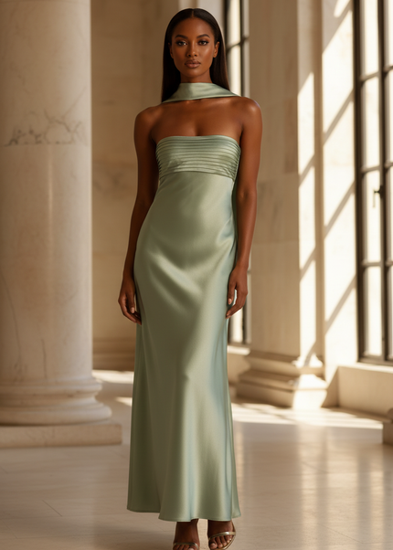 Satin Kleid - Satin Maxikleid Mintgruen - Traegerlos Plisse Maxi - Ansicht 1