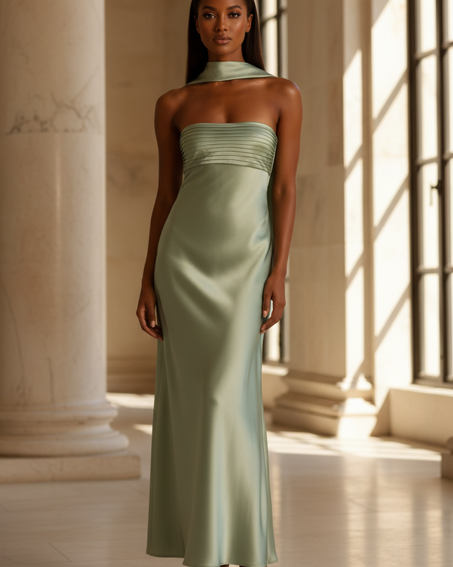 Satin Kleid - Satin Maxikleid Mintgruen - Traegerlos Plisse Maxi - Ansicht 1
