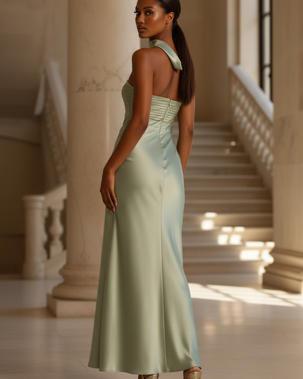 Satin Kleid - Satin Maxikleid Mintgruen - Traegerlos Plisse Maxi - Ansicht 2