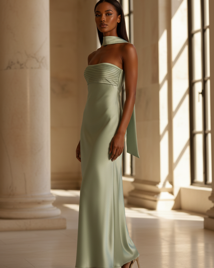 Satin Kleid - Satin Maxikleid Mintgruen - Traegerlos Plisse Maxi - Ansicht 3