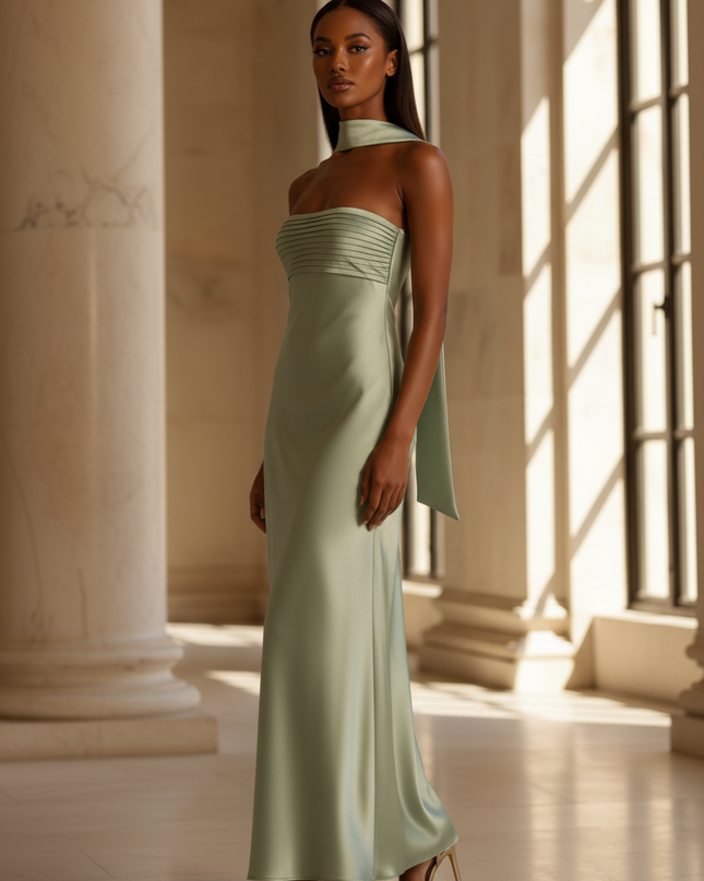 Satin Kleid - Satin Maxikleid Mintgruen - Traegerlos Plisse Maxi - Ansicht 3