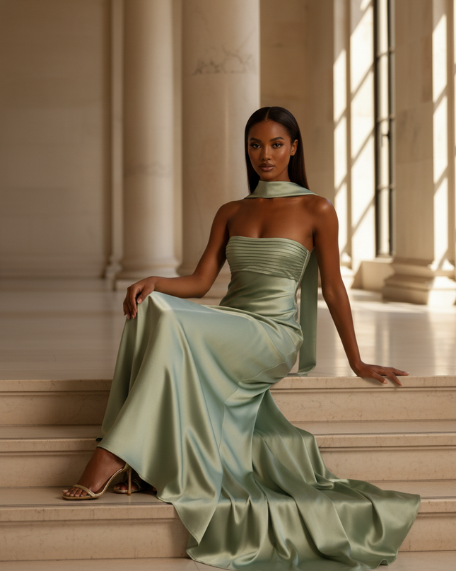 Satin Kleid - Satin Maxikleid Mintgruen - Traegerlos Plisse Maxi - Ansicht 5