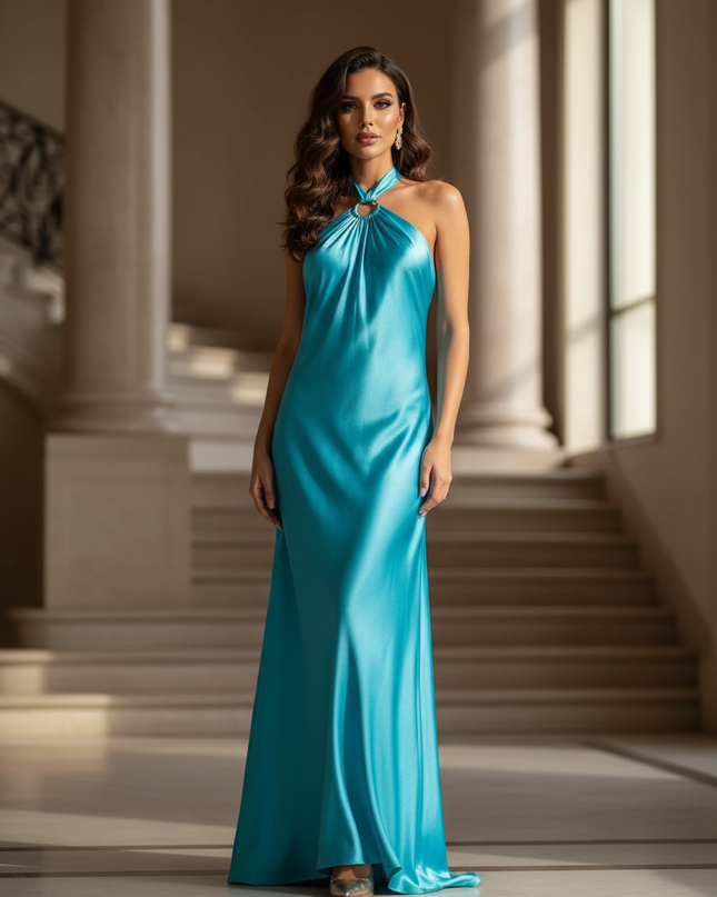 Satin Kleid - Satin Maxikleid Off-Shoulder Blau - Halter A-Linie Maxi - Ansicht 1