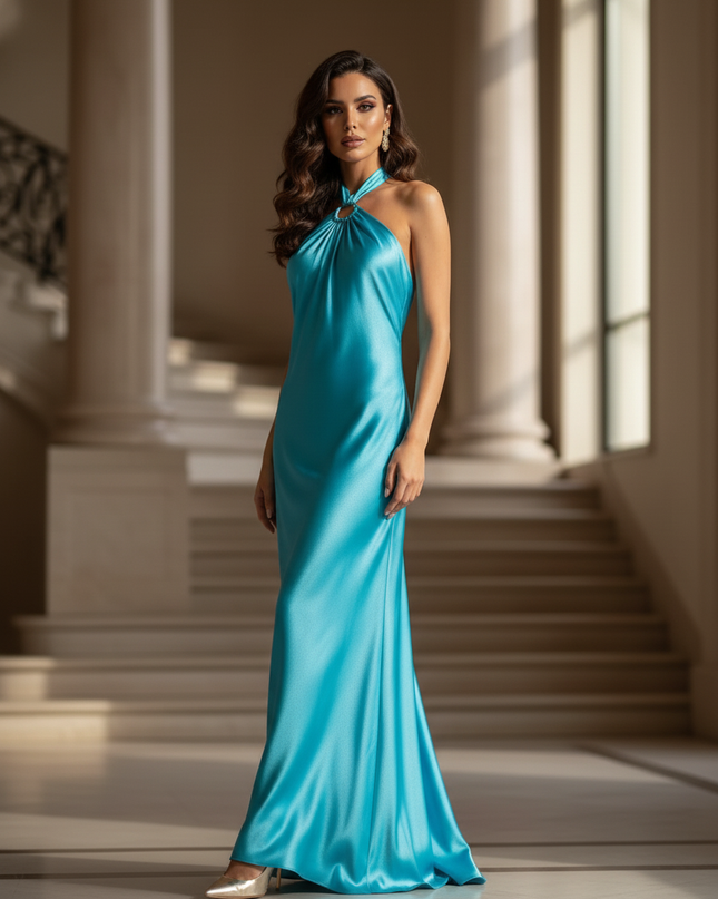 Satin Kleid - Satin Maxikleid Off-Shoulder Blau - Halter A-Linie Maxi - Ansicht 3