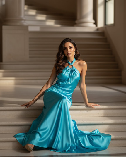 Satin Kleid - Satin Maxikleid Off-Shoulder Blau - Halter A-Linie Maxi - Ansicht 5