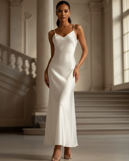 Satin Kleid - Satin Maxikleid Off-Shoulder Weiss - Weisses Vintage Maxi - Ansicht 1