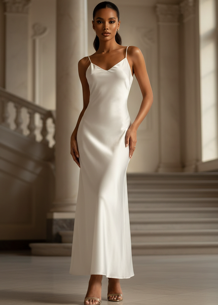 Satin Kleid - Satin Maxikleid Off-Shoulder Weiss - Weisses Vintage Maxi - Ansicht 1