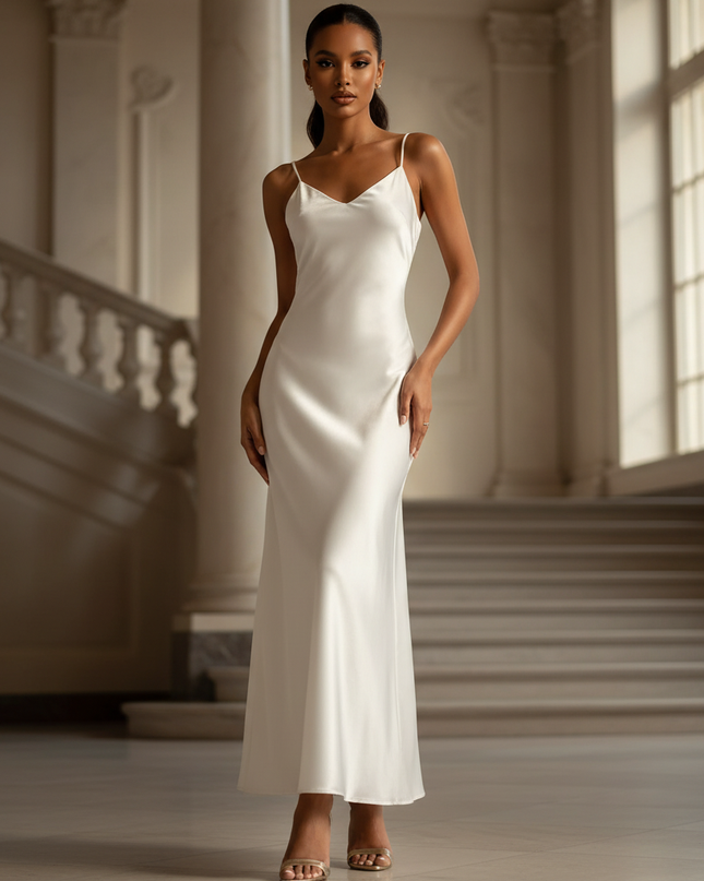 Satin Kleid - Satin Maxikleid Off-Shoulder Weiss - Weisses Vintage Maxi - Ansicht 1