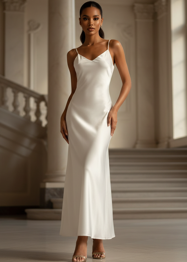 Satin Kleid - Satin Maxikleid Off-Shoulder Weiss - Weisses Vintage Maxi - Ansicht 1
