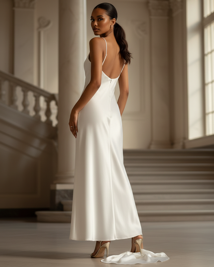 Satin Kleid - Satin Maxikleid Off-Shoulder Weiss - Weisses Vintage Maxi - Ansicht 2