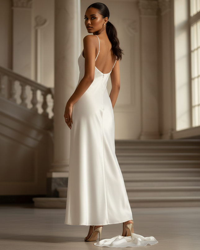 Satin Kleid - Satin Maxikleid Off-Shoulder Weiss - Weisses Vintage Maxi - Ansicht 2