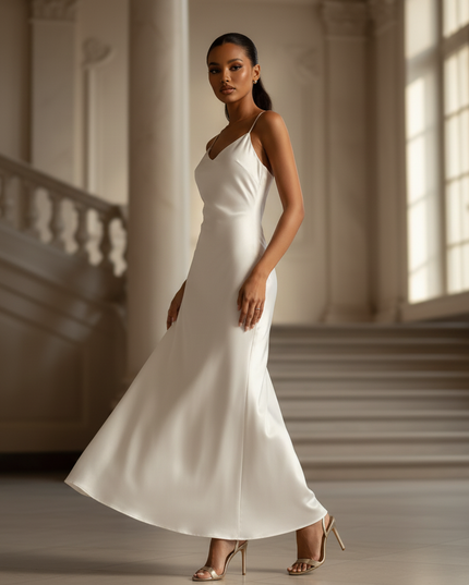 Satin Kleid - Satin Maxikleid Off-Shoulder Weiss - Weisses Vintage Maxi - Ansicht 3