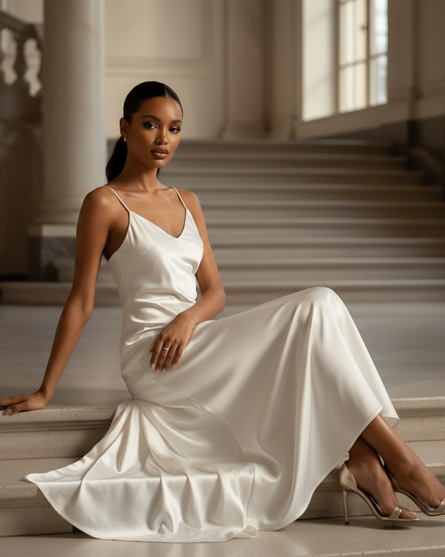 Satin Kleid - Satin Maxikleid Off-Shoulder Weiss - Weisses Vintage Maxi - Ansicht 5