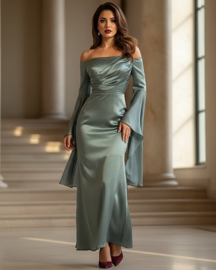 Satin Kleid - Satin Maxikleid Off-Shoulder - Langes Kleid Teal - Ansicht 1