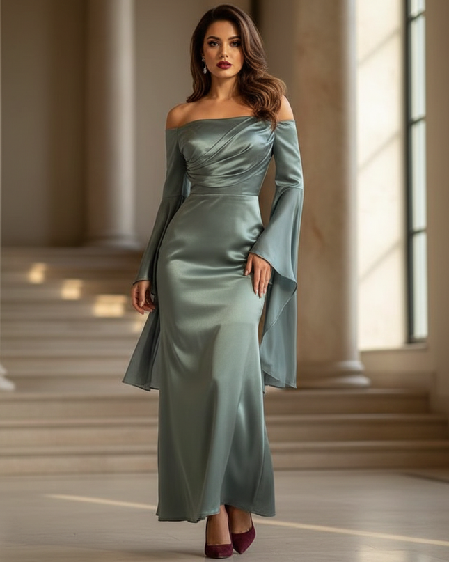 Satin Kleid - Satin Maxikleid Off-Shoulder - Langes Kleid Teal - Ansicht 1