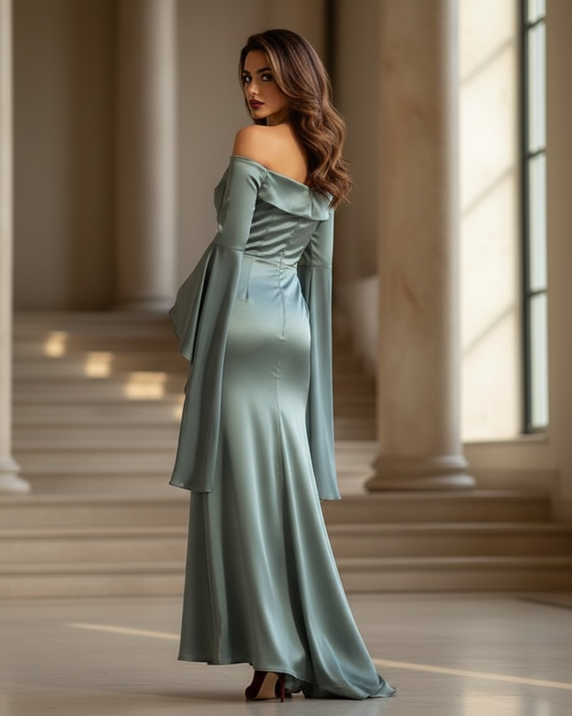 Satin Kleid - Satin Maxikleid Off-Shoulder - Langes Kleid Teal - Ansicht 2