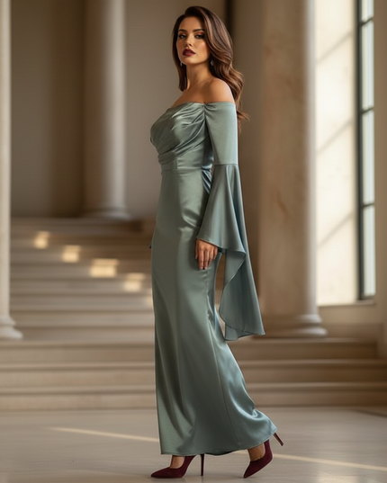 Satin Kleid - Satin Maxikleid Off-Shoulder - Langes Kleid Teal - Ansicht 3