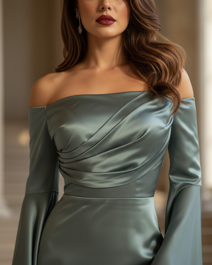 Satin Kleid - Satin Maxikleid Off-Shoulder - Langes Kleid Teal - Ansicht 4