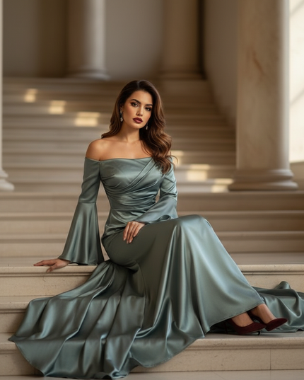 Satin Kleid - Satin Maxikleid Off-Shoulder - Langes Kleid Teal - Ansicht 5