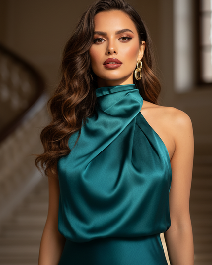 Satin Kleid - Satin Maxikleid One-Shoulder Blau - Teal Halter Maxi - Ansicht 4