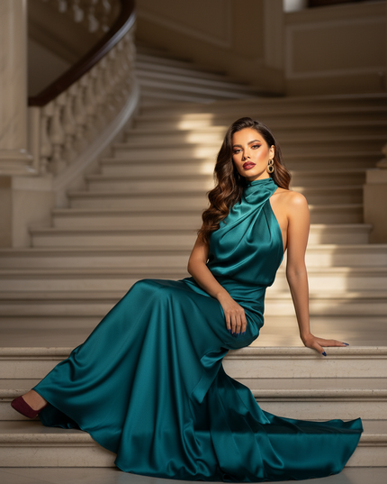 Satin Kleid - Satin Maxikleid One-Shoulder Blau - Teal Halter Maxi - Ansicht 5