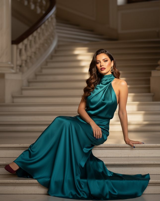 Satin Kleid - Satin Maxikleid One-Shoulder Blau - Teal Halter Maxi - Ansicht 5