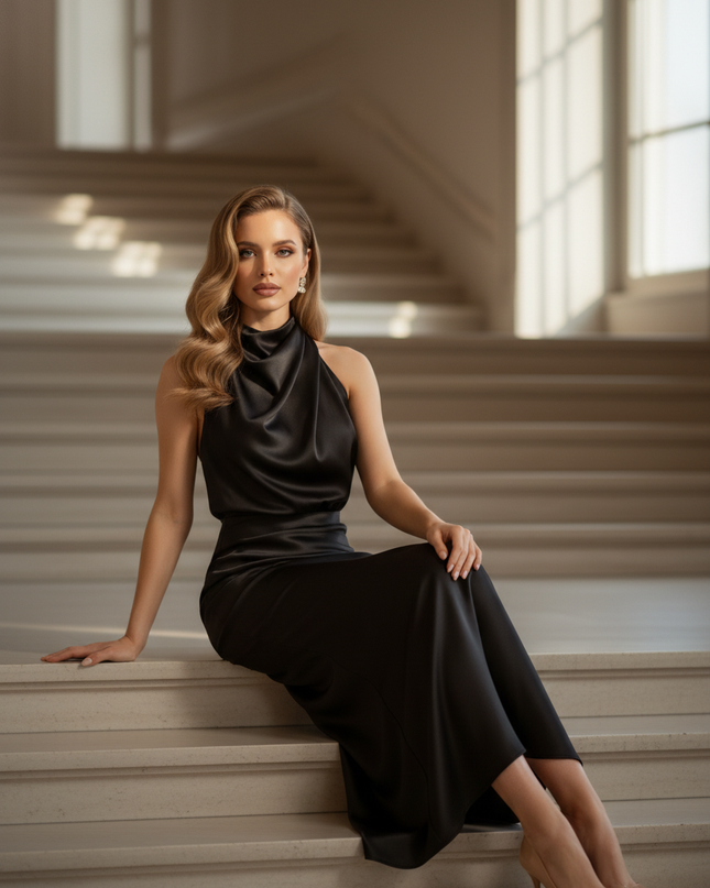 Satin Kleid - Satin Maxikleid One-Shoulder Schwarz - Halter Maxi - Ansicht 5