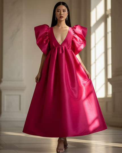 Satin Kleid - Satin Maxikleid Puffarm Rosa - Statement Kleid - Ansicht 1