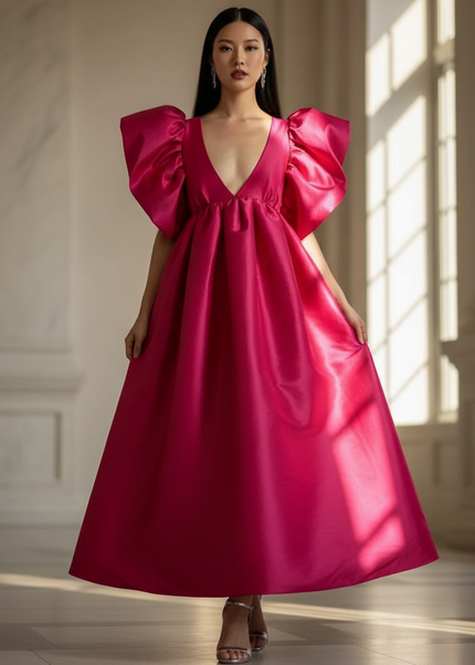 Satin Kleid - Satin Maxikleid Puffarm Rosa - Statement Kleid - Ansicht 1
