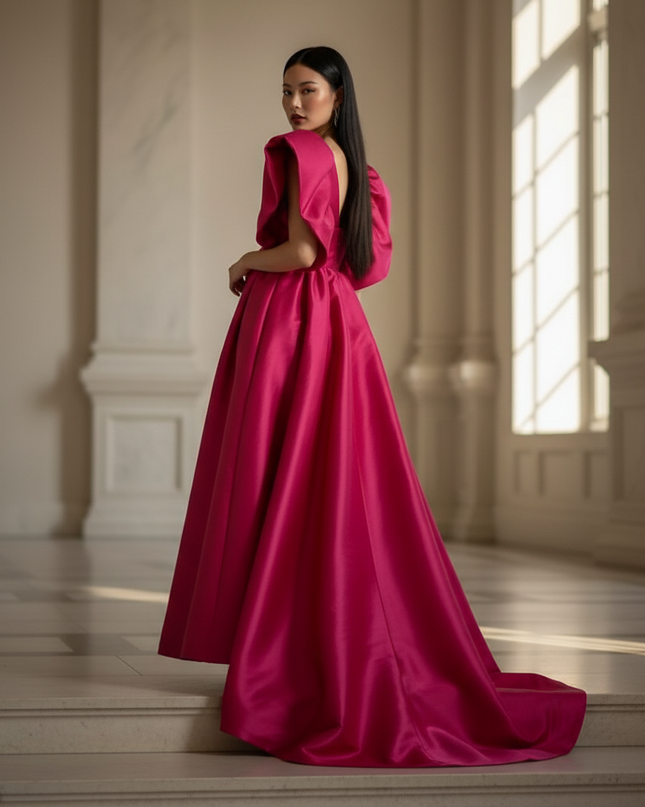 Satin Kleid - Satin Maxikleid Puffarm Rosa - Statement Kleid - Ansicht 2