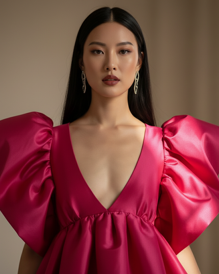 Satin Kleid - Satin Maxikleid Puffarm Rosa - Statement Kleid - Ansicht 4
