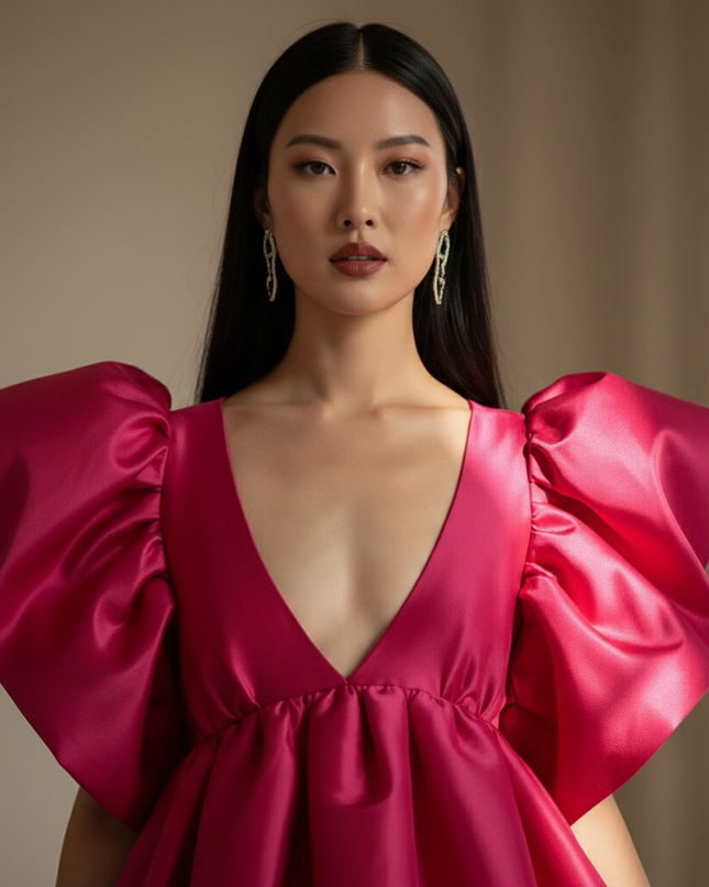 Satin Kleid - Satin Maxikleid Puffarm Rosa - Statement Kleid - Ansicht 4