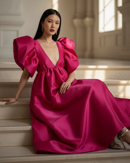 Satin Kleid - Satin Maxikleid Puffarm Rosa - Statement Kleid - Ansicht 5