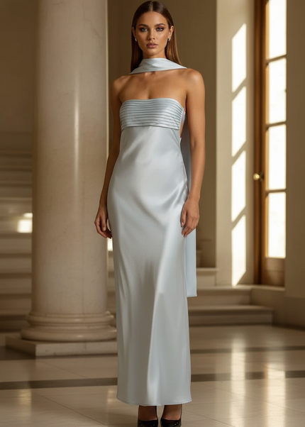 Satin Kleid - Satin Maxikleid Rueckenfrei Blau - Traegerlos Plisse - Ansicht 1