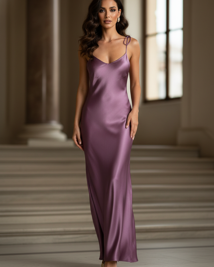 Satin Kleid - Satin Maxikleid Rueckenfrei - Elegantes Lila Kleid - Ansicht 1