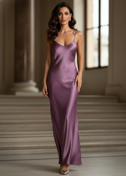 Satin Kleid - Satin Maxikleid Rueckenfrei - Elegantes Lila Kleid - Ansicht 1
