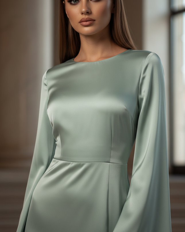Satin Kleid - Satin Maxikleid Schlitz Gruen - Langarm Bodycon Maxi - Ansicht 4