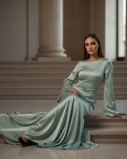 Satin Kleid - Satin Maxikleid Schlitz Gruen - Langarm Bodycon Maxi - Ansicht 5