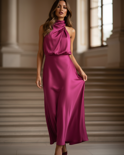 Satin Kleid - Satin Maxikleid Schlitz Rosa - Fuchsia Halter Maxikleid - Ansicht 1