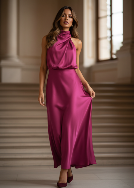 Satin Kleid - Satin Maxikleid Schlitz Rosa - Fuchsia Halter Maxikleid - Ansicht 1