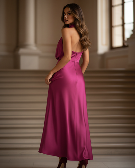 Satin Kleid - Satin Maxikleid Schlitz Rosa - Fuchsia Halter Maxikleid - Ansicht 2