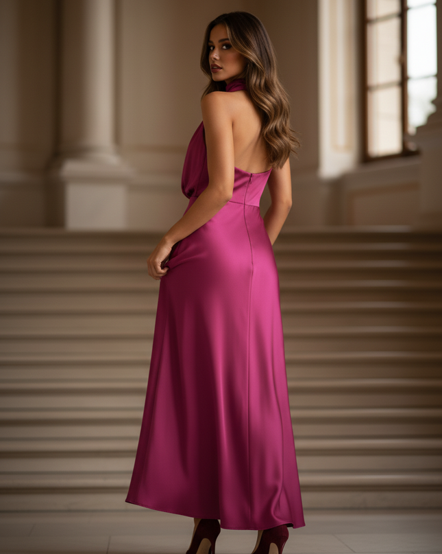 Satin Kleid - Satin Maxikleid Schlitz Rosa - Fuchsia Halter Maxikleid - Ansicht 2